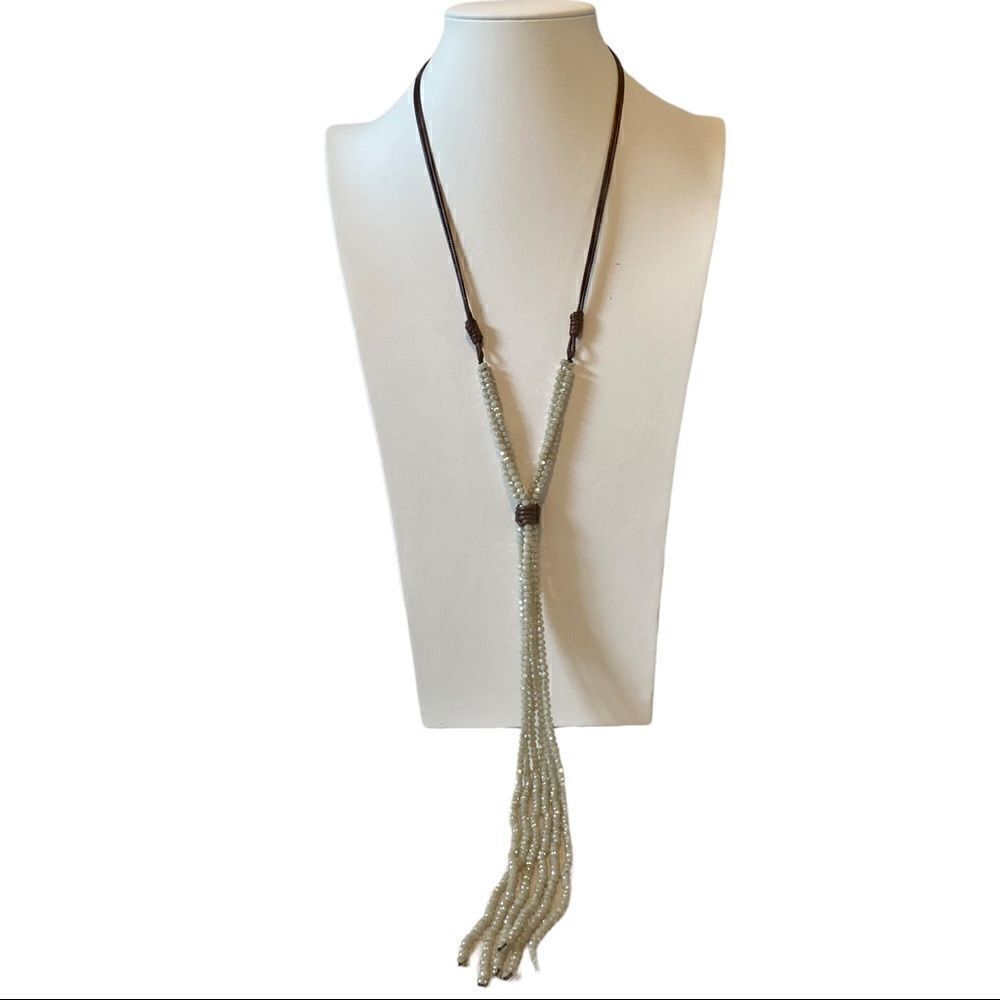 Multi-Strand Gray Beaded Faceted Lariat Style Necklace on Brown Cord.